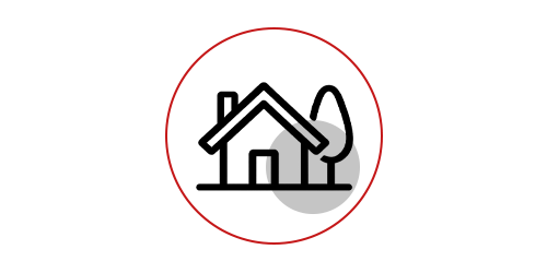 Minimalistisches Icon eines Hauses neben einem Baum mit schwarzen Konturen, eingefasst in einen roten Kreis mit grauem Kreiselement.