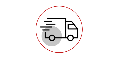 Minimalistisches Icon eines fahrenden Lieferwagens mit schwarzen Konturen, umgeben von einem roten Kreis mit grauem Kreiselement.