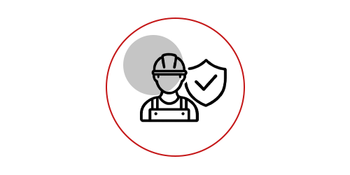 Minimalistisches Icon eines Handwerkers mit Helm neben einem Schild mit Haken, eingefasst in einen roten Kreis mit grauem Kreiselement.