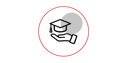 Minimalistisches Icon mit einer schwarzen Hand, die einen Doktorhut hält, umgeben von einem roten Kreis mit grauem Kreiselement im Hintergrund.