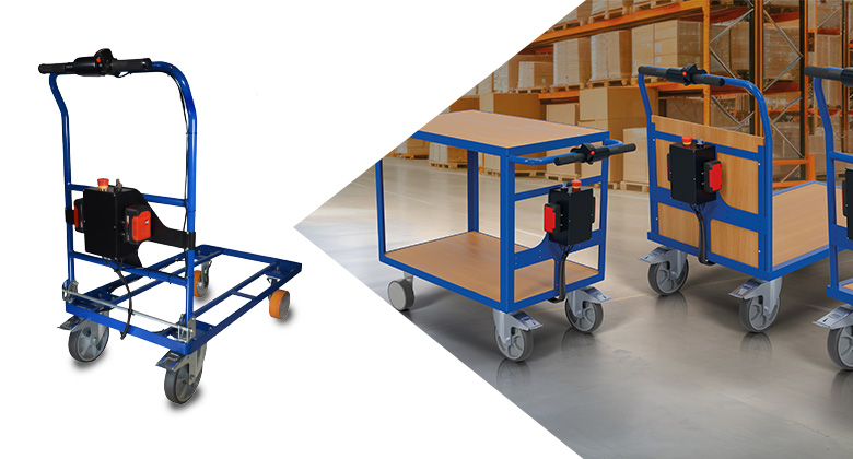 Zweigeteiltes Bild: Links ein blaues Untergestell mit elektrischem Antrieb auf weißem Hintergrund, rechts fertig montierte Etagenwagen in einer Lagerhalle.