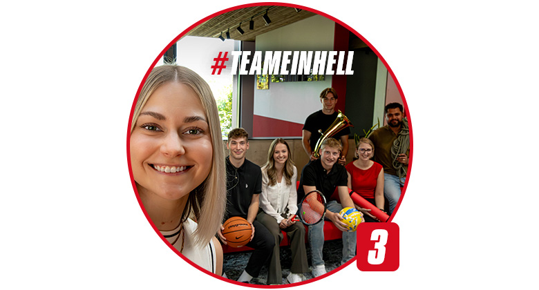 Eine junge Frau macht ein Selfie mit einer Gruppe, die Sportgeräte und Musikinstrumente hält. Im Bild steht: #TEAMEINHELL.